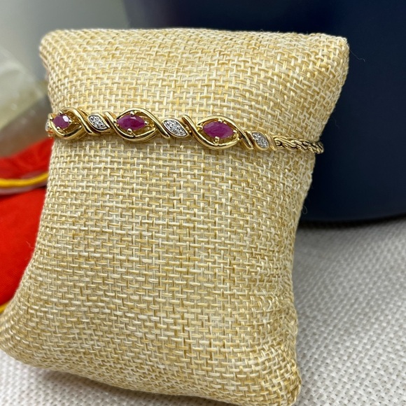 ✨ Vintage 925 Sterling Silver Gold Vermeil Ruby & CZ Tennis Bracelet - 7.25” - Picture 3 of 17